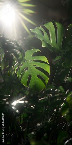 Planta Monstera Verde com Luz Solar entre as Folhas