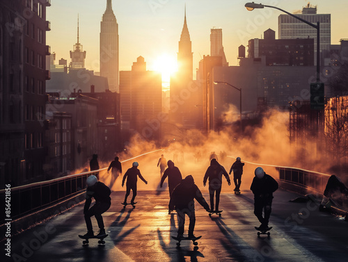A group of people are riding skateboards on a city street. The sun is setting, casting a warm glow over the scene. The atmosphere is lively and energetic © MaxK
