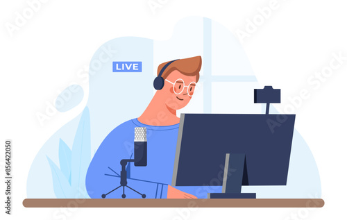 Streamer guy concept. Man sits at computer in headphones with microphone. Popular blogger and cybersportsman, gamer. Online broadcast. Cartoon flat vector illustration isolated on white background