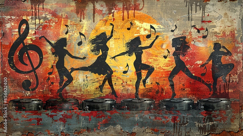 A grainy, faded background in shades of red and yellow, featuring large, stylized musical notes and vinyl records, layered with exaggerated silhouettes of dancing figures from the 70s. Illustration, A grainy, faded background in shades of red and yellow, featuring large, stylized musical notes and vinyl records, layered with exaggerated silhouettes of dancing figures from the 70s. Illustration,