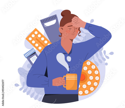 Woman with symptoms of disease. Girl suffers from headache. Tired character with fever, cold and flu. Treatment of infection and diseases. Health care and medicine. Cartoon flat vector illustration