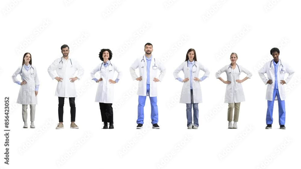 A group of doctors, full-length, on a white background, hands on the belt