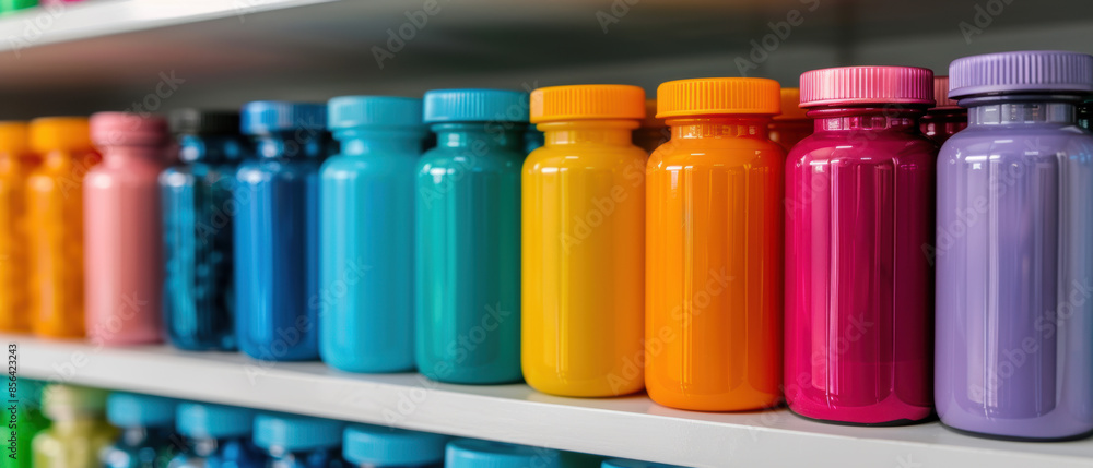 A row of colorful bottles on a shelf A row of colorful bottles on a shelf