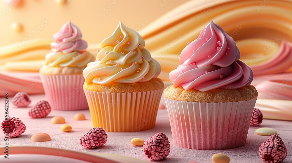 Grainy color fades in pastel yellows and pinks, featuring large, abstract cupcake shapes and exaggerated, whimsical food scenes for a fun, retro bakery-themed background. Illustration, Minimalism, Grainy color fades in pastel yellows and pinks, featuring large, abstract cupcake shapes and exaggerated, whimsical food scenes for a fun, retro bakery-themed background. Illustration, Minimalism,