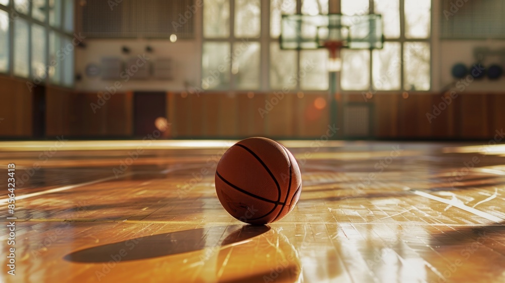 Basketball on Gym Floor at Sunrise, Generative AI Basketball on Gym Floor at Sunrise, Generative AI