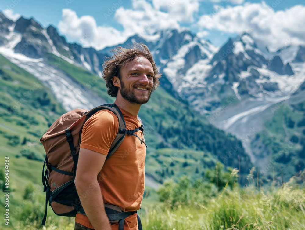 A man with a backpack is smiling in front of a mountain range. Concept of adventure and excitement, as the man is ready to embark on a journey through the mountains. The lush green grass A man with a backpack is smiling in front of a mountain range. Concept of adventure and excitement, as the man is ready to embark on a journey through the mountains. The lush green grass