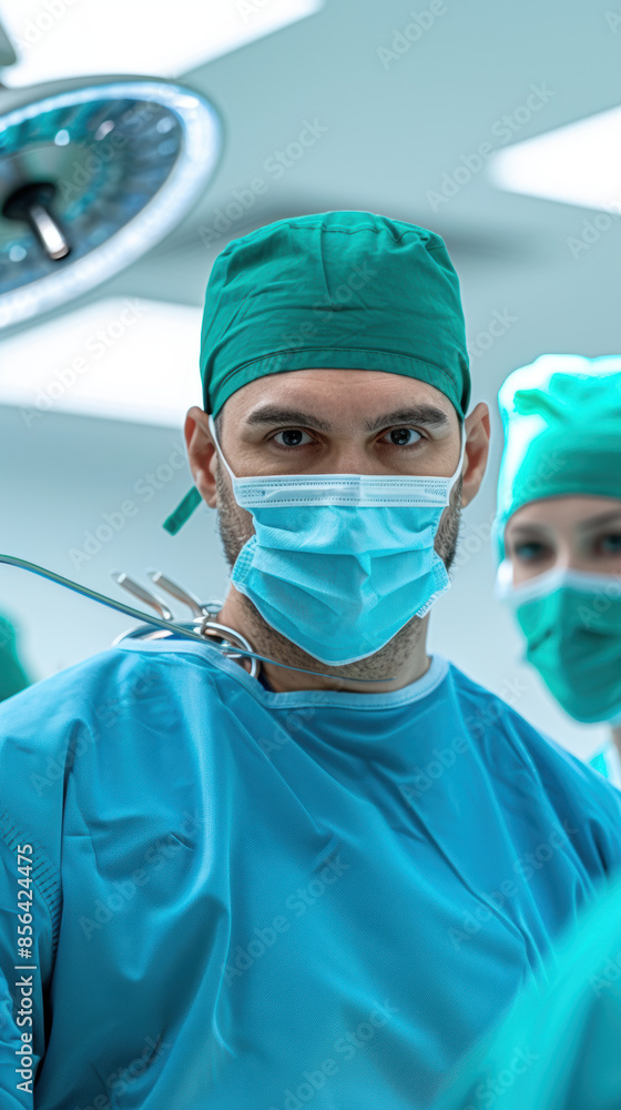 A man in a blue surgical outfit is wearing a mask and a green hat A man in a blue surgical outfit is wearing a mask and a green hat