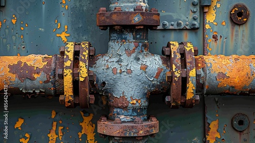 A close-up of a rusted, industrial pipe with grime and peeling paint, the grungy textures emphasized by a minimalist color palette. Illustration, Minimalism,