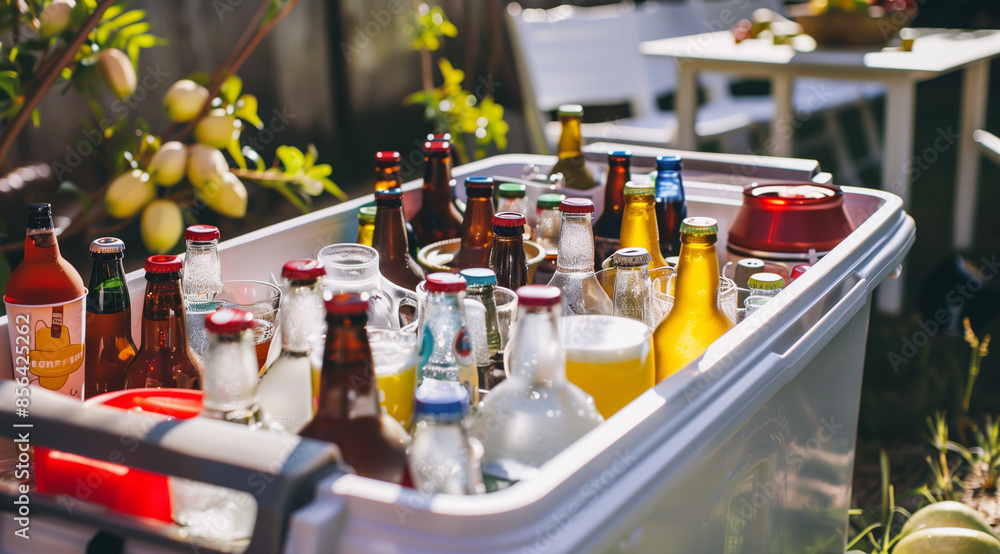 A rack of cold drink, beer, soda, pop, water in a summer day at a garden party A rack of cold drink, beer, soda, pop, water in a summer day at a garden party