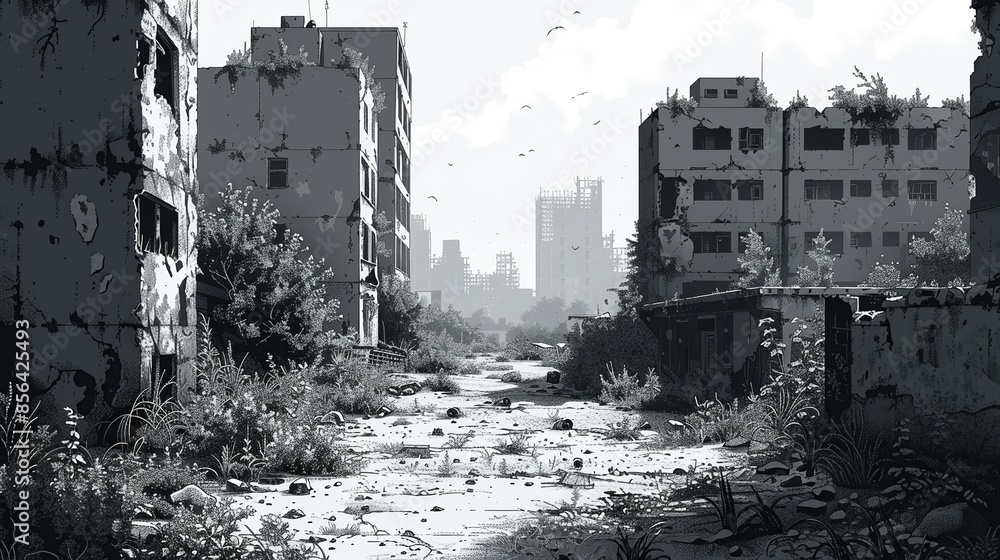 An urban scene with an abandoned building and overgrown vegetation, the grungy atmosphere brought to life through a monochrome color scheme. Illustration, Minimalism, An urban scene with an abandoned building and overgrown vegetation, the grungy atmosphere brought to life through a monochrome color scheme. Illustration, Minimalism,