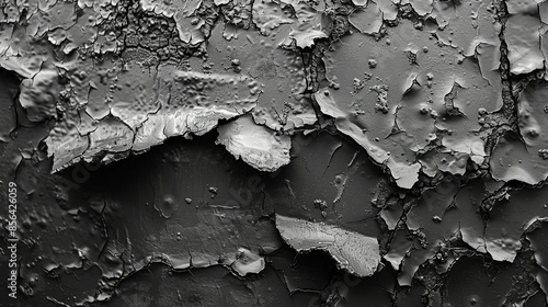 Close-up of a rusted metal surface with peeling paint and grunge textures, photographed in black and white to emphasize the decay and raw materiality. Illustration, Minimalism,