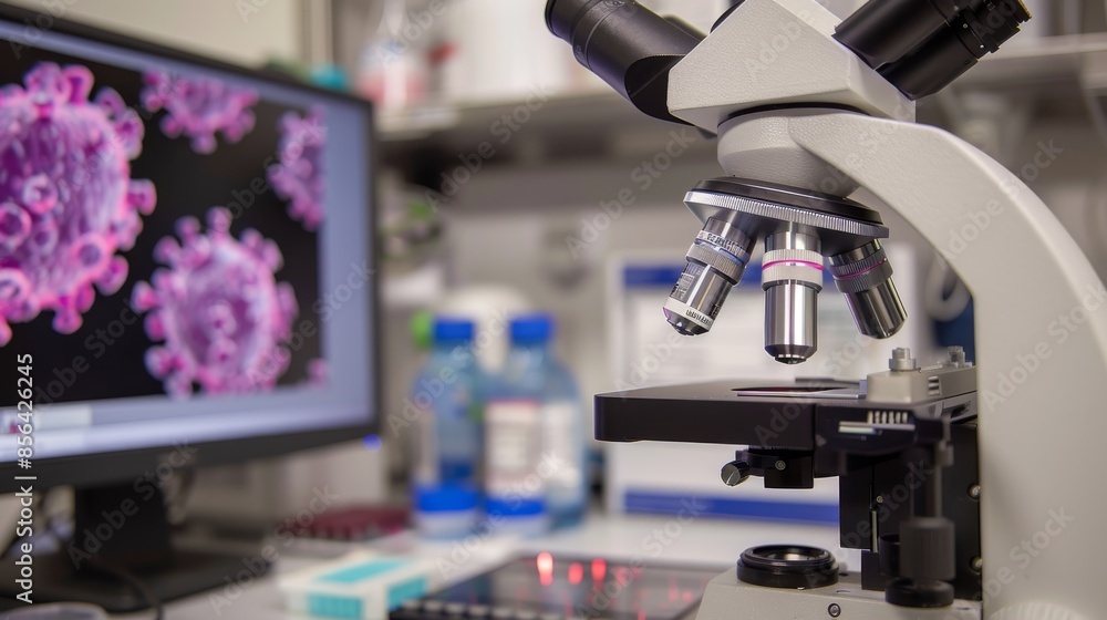 A microscope with slides showing samples infected with H5N1. A microscope with slides showing samples infected with H5N1.