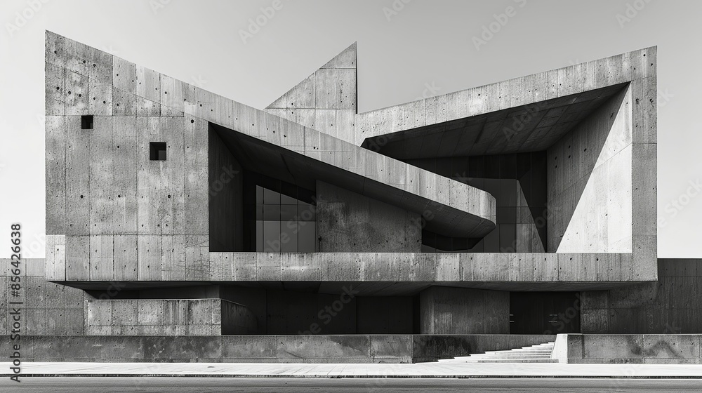 The facade of a brutalist office building with sharp, geometric lines and rough textures, captured in a minimalist, black and white photograph. Illustration, Minimalism, The facade of a brutalist office building with sharp, geometric lines and rough textures, captured in a minimalist, black and white photograph. Illustration, Minimalism,