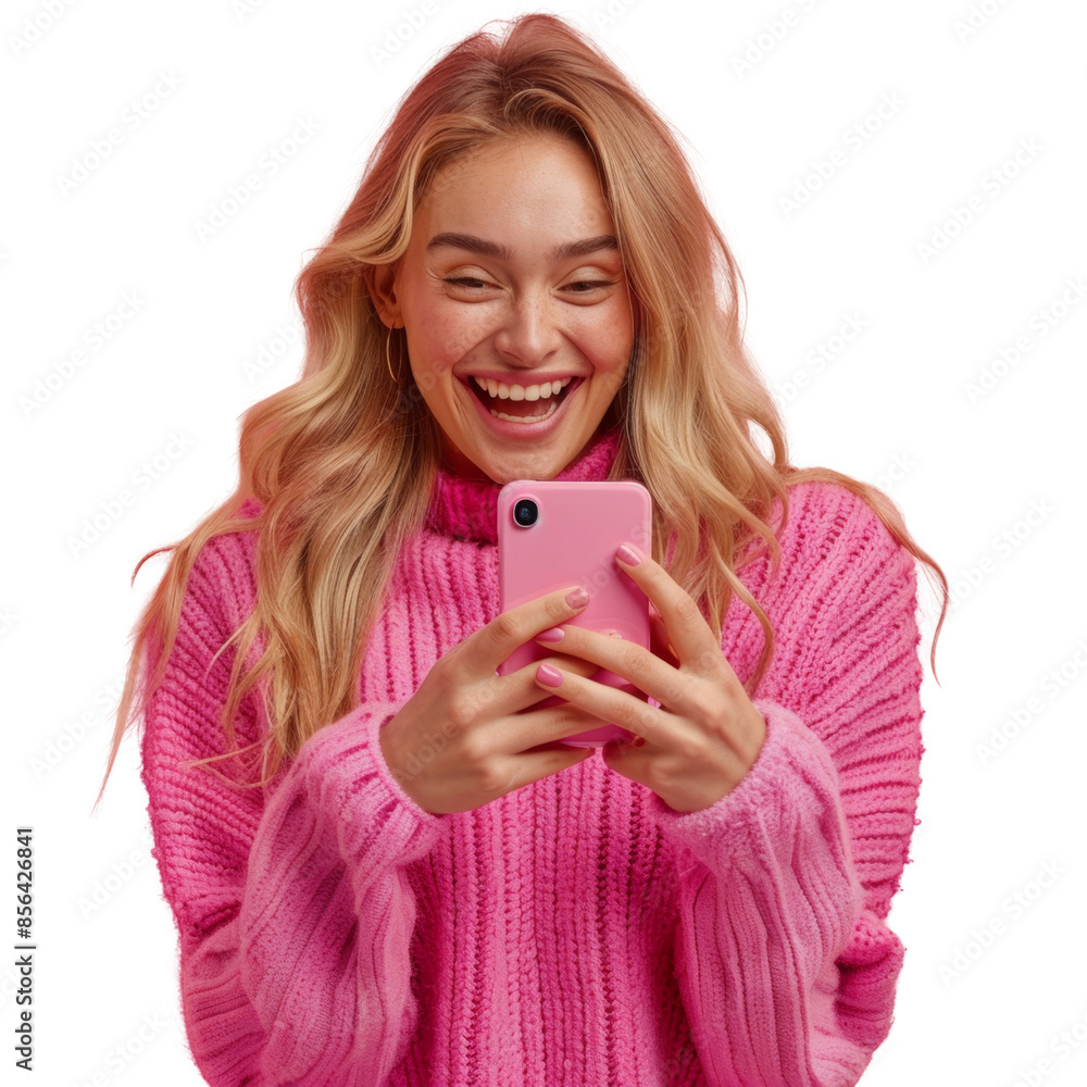 Happy Young Blonde Woman Texting on Mobile Phone Happy Young Blonde Woman Texting on Mobile Phone