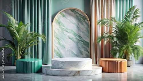 Luxury tropical marble podium with colorful shapes and elegant curtains for product showcase, luxury, tropical, marble