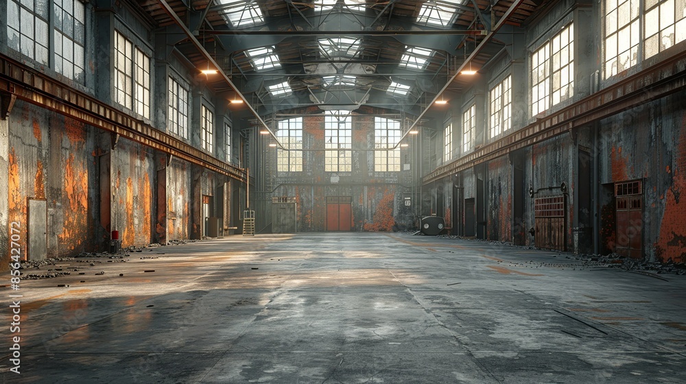 The Interior Of An Abandoned Warehouse With Exposed Beams And Crumbling