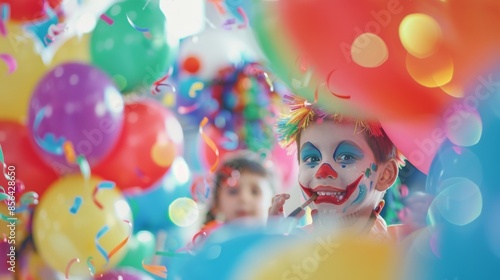 Blurred scene of children playing with a clown and face painting against a background of colorful balloons and streamers. © Justlight