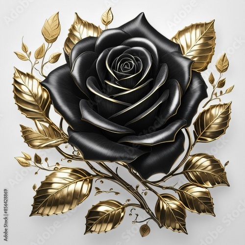 a black rose with gold leaves on a white background with a white background. generative ai