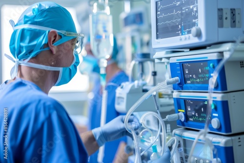 An anesthesiologist readying the anesthesia machine while the patient is prepped for surgery