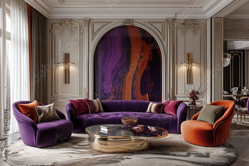 Hollywood Regency-style living room with glamorous accents and luxe fabrics.