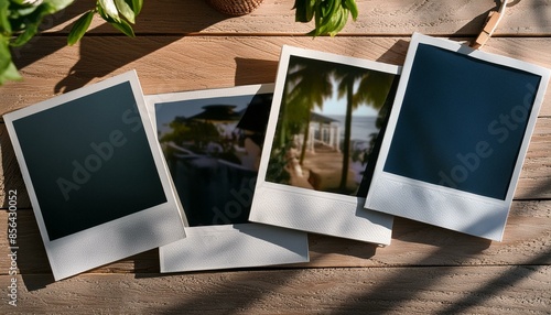 Photo polaroid frames mockup on the wooden table