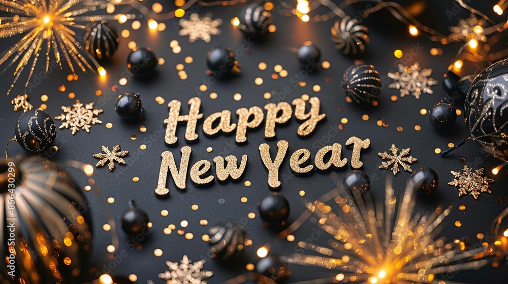 custom made wallpaper toronto digitalA sleek black backdrop featuring a festive display of fireworks and glittering light trails, showcasing "Happy New Year" in a glamorous, sparkling font. Illustration, Minimalism,