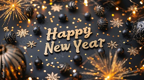 Wallpaper Mural A sleek black backdrop featuring a festive display of fireworks and glittering light trails, showcasing "Happy New Year" in a glamorous, sparkling font. Illustration, Minimalism, Torontodigital.ca