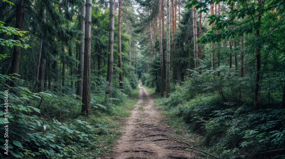 Obraz premium Pathway through a dense green forest with tall trees
