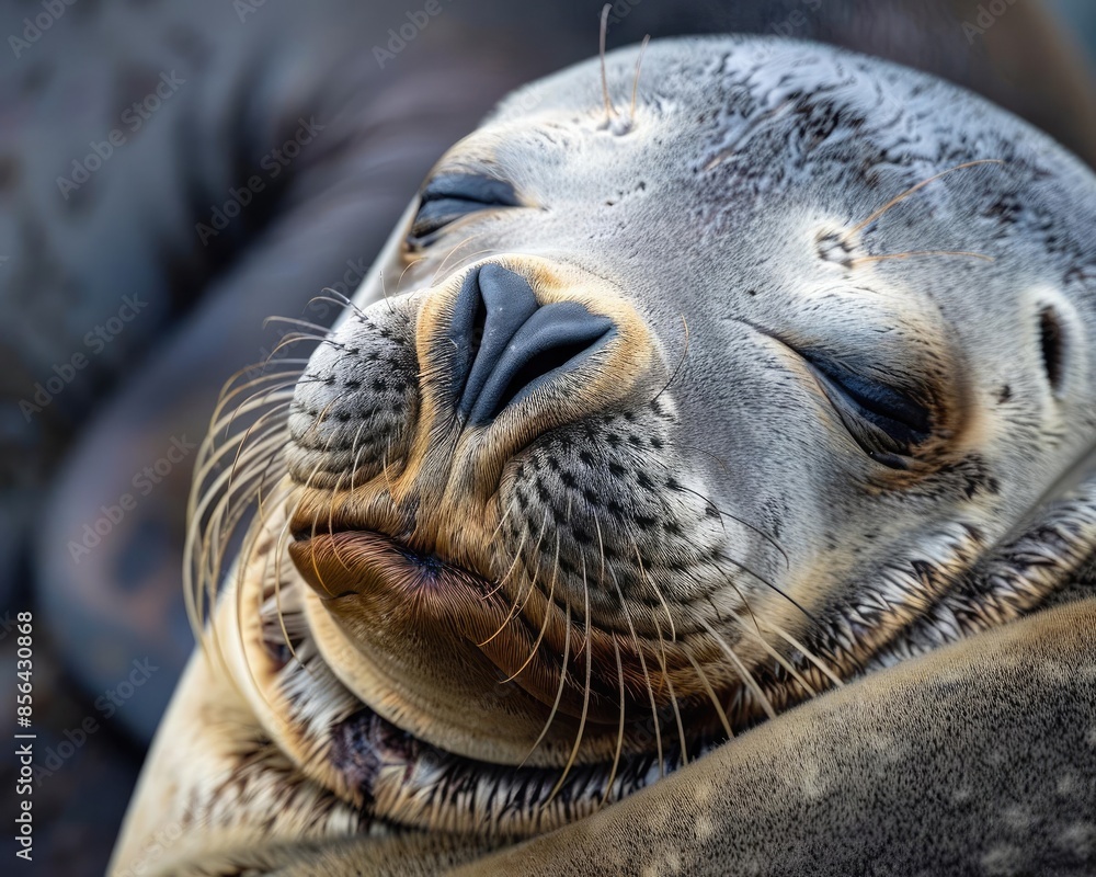 Closeup of a seals face while sleeping, showing its relaxed and peaceful expression Closeup of a seals face while sleeping, showing its relaxed and peaceful expression