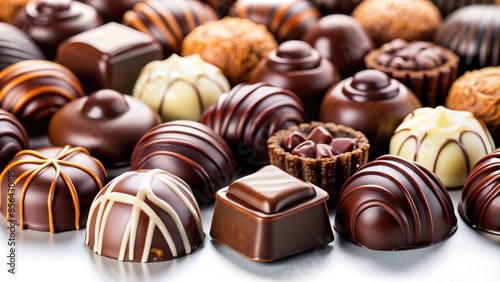 Close-up of delicious assorted chocolate candies on a white background, chocolate, candies, sweets, desserts