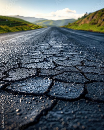Closeup of a newly tarred road, with smooth black tar filling the cracks and a clear sky above photo