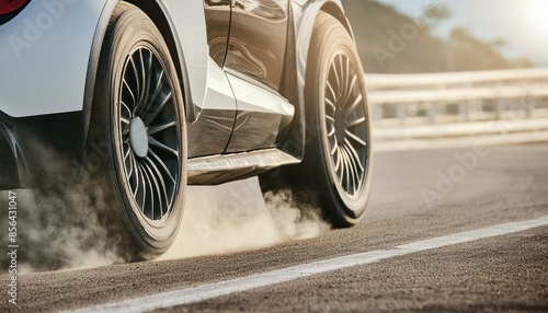 drifting car wheels close-up,Sports car racing on the race track. ai generative