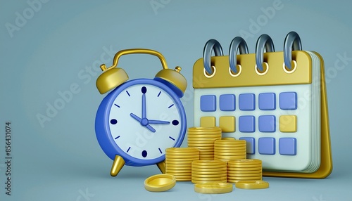 3d icon of a calendar and an alarm clock with gold coins in a cartoon style. the concept of business planning and timely payment. illustration isolated on blue background. 3d rendering photo