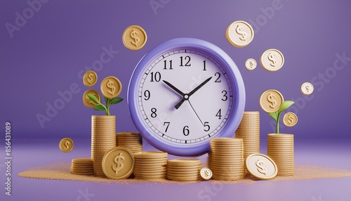 Wallpaper Mural 3d clock with coins, invest money to grow in time concept. Business investment, income and financial savings 3d, fast money, fast credit. 3D rendering illustration on purple background Torontodigital.ca
