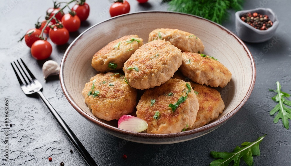 Chicken cutlets made from minced meat close-up, with paprika, tomatoes and greens in a bowl on a dark stone table. Chicken cutlets made from minced meat close-up, with paprika, tomatoes and greens in a bowl on a dark stone table.