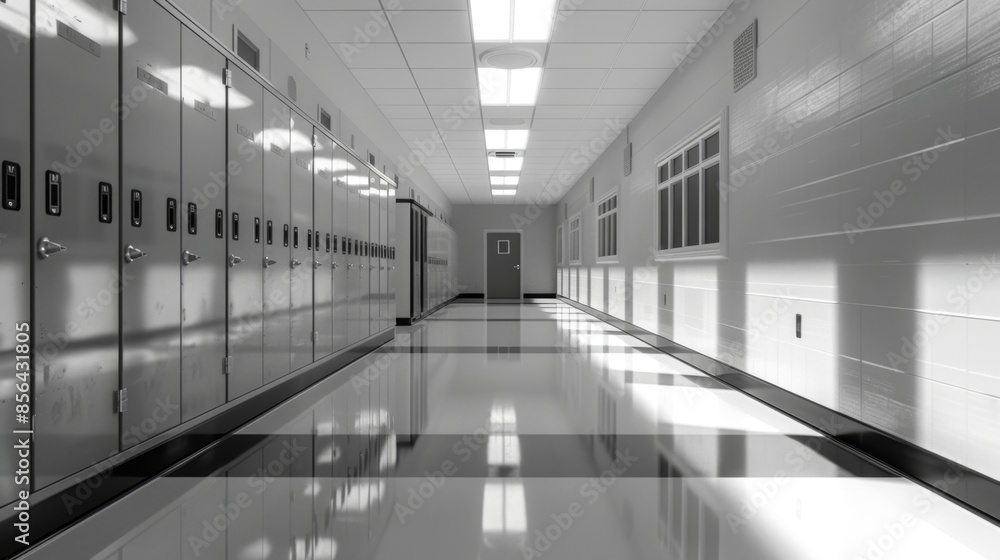 Fototapeta premium Empty School Hallway with Lockers, Generative AI