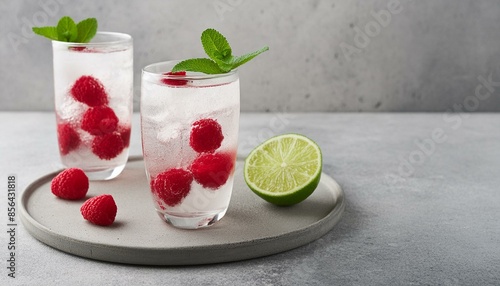 Hard seltzer cocktail with raspberries and lime on a gray stone table top. Copy space.