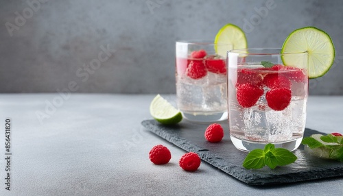 Hard seltzer cocktail with raspberries and lime on a gray stone table top. Copy space.