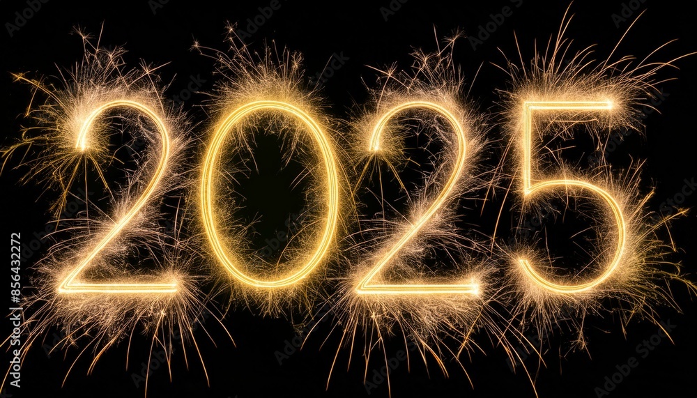 New Year Banner with 2025 Text on Black. Gold Sparkler Firework Caption. New Year Banner with 2025 Text on Black. Gold Sparkler Firework Caption.