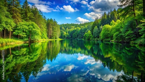 Serene lake surrounded by lush green forest , tranquil, peaceful, nature, water, trees, greenery, forest, reflection © artsakon