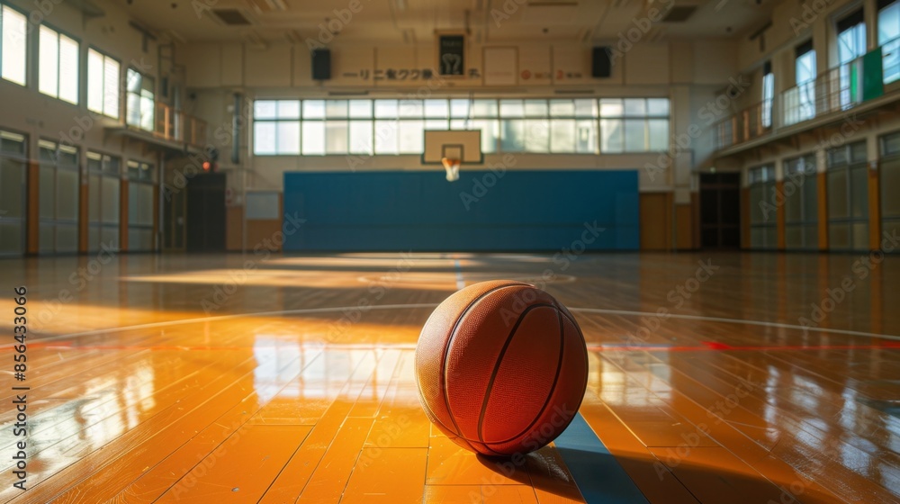 Basketball in Empty Gym with Sunlight, Generative AI Basketball in Empty Gym with Sunlight, Generative AI