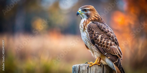 Red tailed hawk perched on fence pole with blurred background, Copy space available , Hawk, Red tailed, Fence, Pole, Bird photo