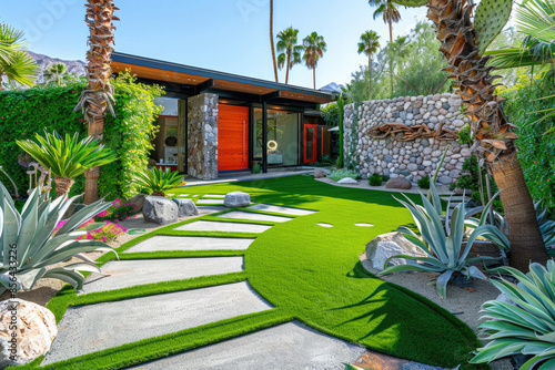 Artificial grass, synthetic grass, perfect grass landscaping with artificial grass, modern home front yard with artificial grass lawn