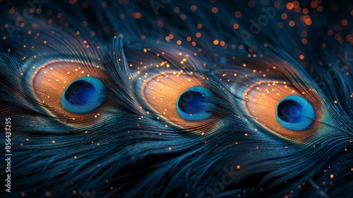 Close-up image of intricate patterns and vibrant colors of peacock feathers in exquisite detail.	