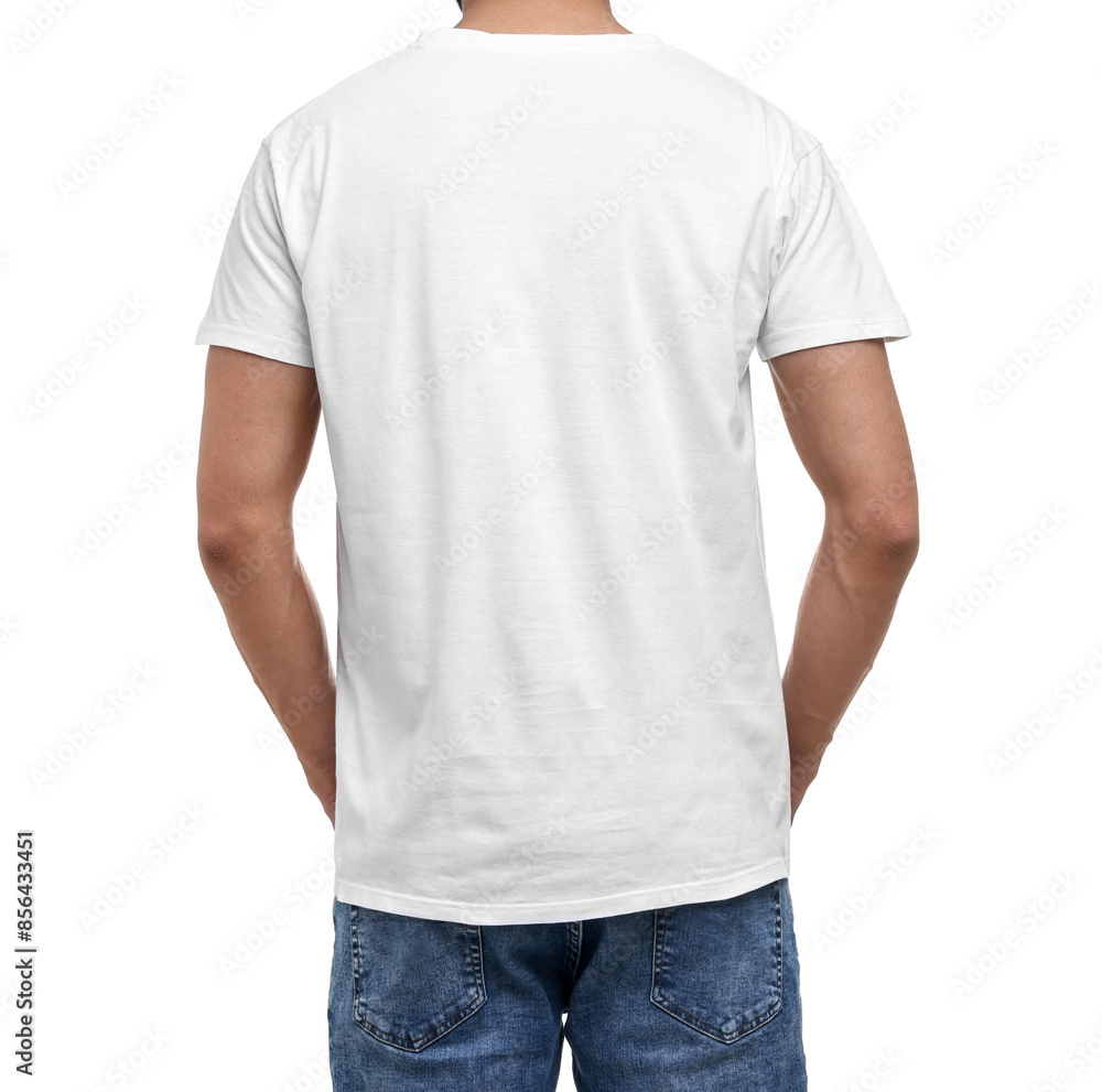 Man in t-shirt on white background, back view Man in t-shirt on white background, back view