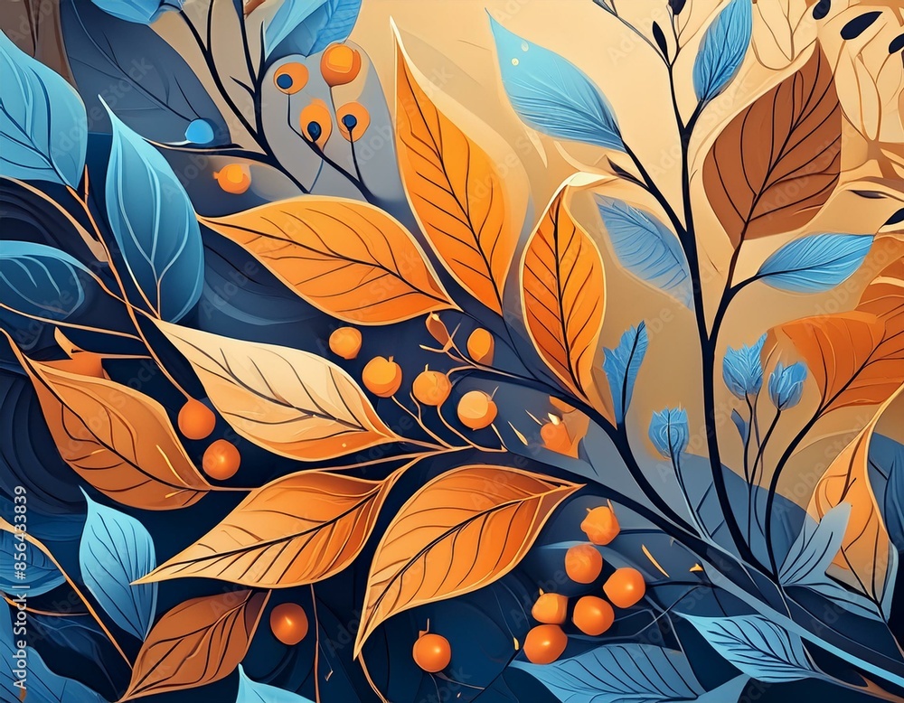 abstract Autumn foliage banner background, branch, twigs and berries, blue, orange color, Generative Ai abstract Autumn foliage banner background, branch, twigs and berries, blue, orange color, Generative Ai