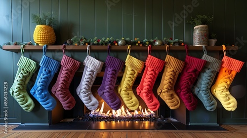 A cozy indoor scene with a mantel decorated with stockings in various colors of the rainbow, glowing with the warm light of a crackling fire. Illustration, Minimalism, photo
