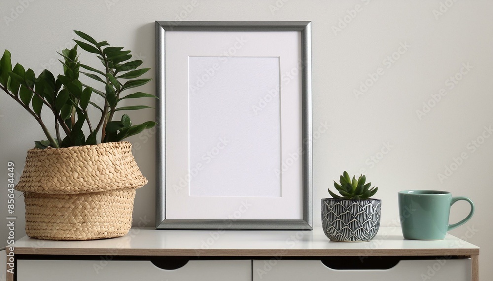 Interior poster mock up with home decor, frame and plant