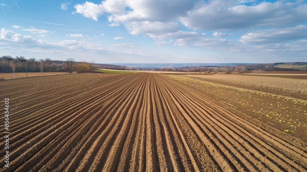 Aerial perspective of cultivated land with a plowed field in the foreground Aerial perspective of cultivated land with a plowed field in the foreground