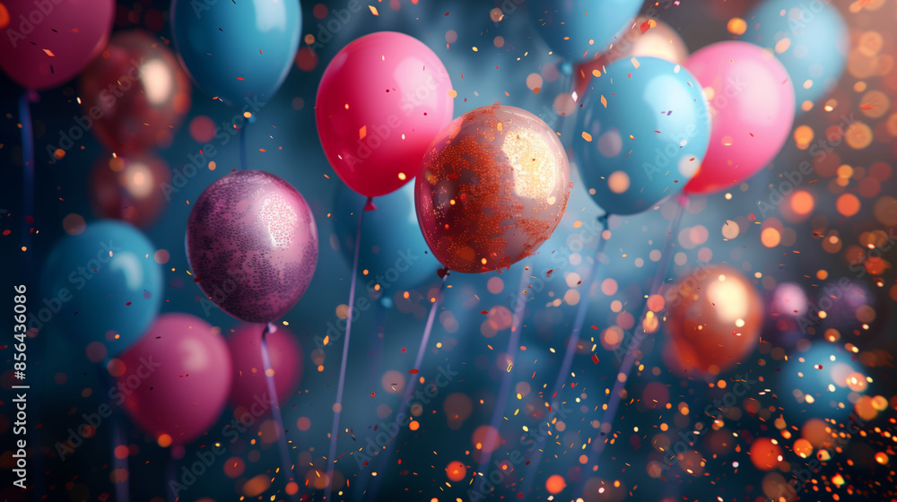 A festive background with multicolored balloons and confetti floating in the air. A festive background with multicolored balloons and confetti floating in the air.